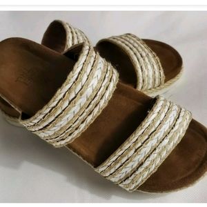 Time and Tru Size 6 Raffia Two-Band Slide Sandals Natural Brown Tan Gold
